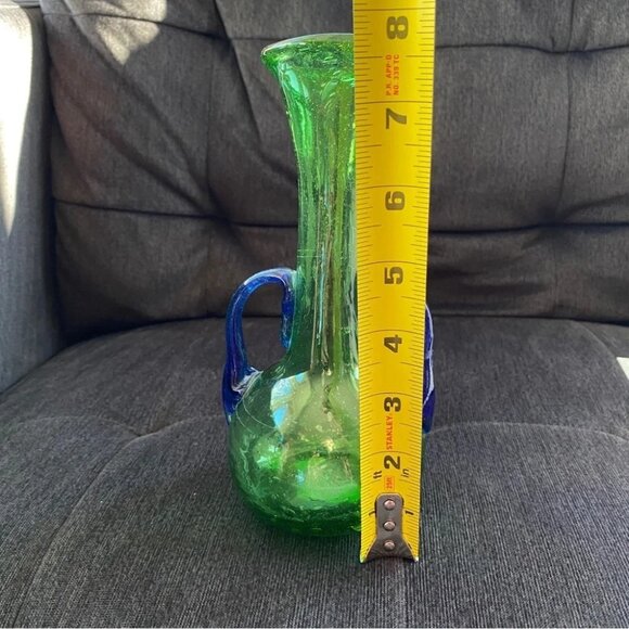 Handblown Artisan Glass Vase Blue and Green 7.25in - Picture 12 of 15